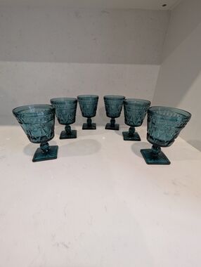 Indiana Glass Colony Park Lane Teal Blue Water Glass Tall Vintage 6 Pieces Lot